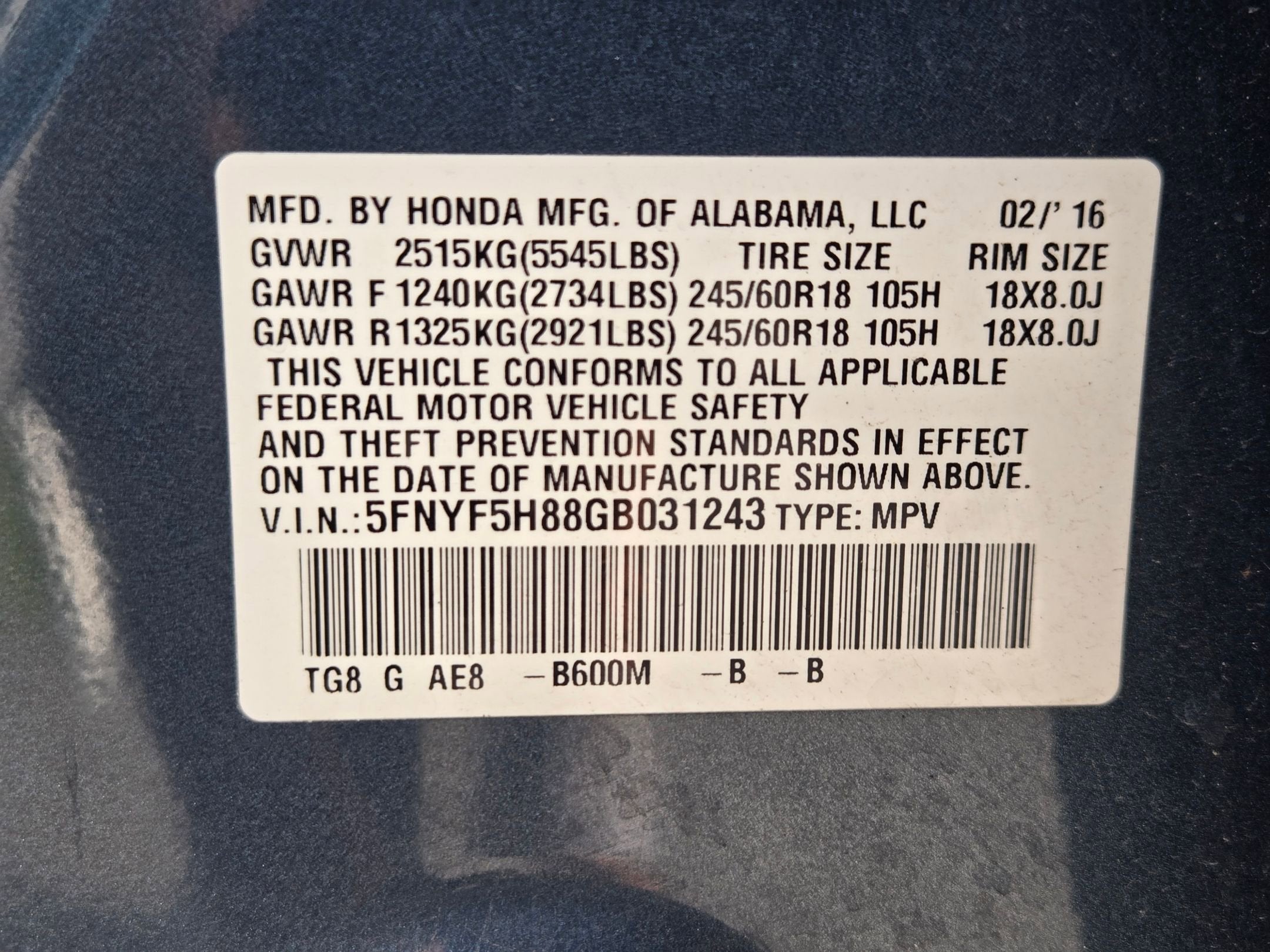 2016 Honda Pilot 2WD EX-L with Rear Entertainment System